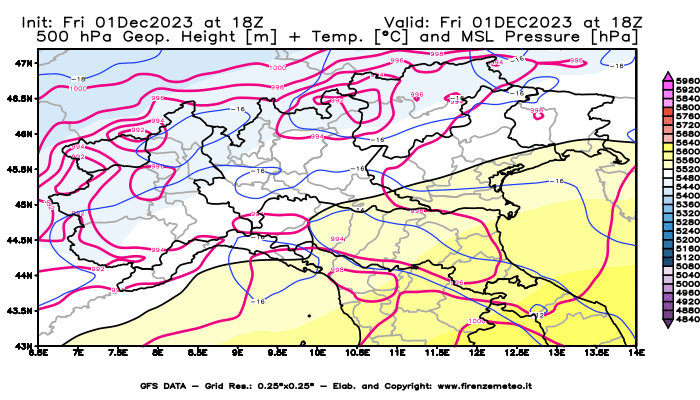 GFS analysi map - Geopotential + Temp. at 500 hPa + Sea Level Pressure in Northern Italy
									on December 1, 2023 H18