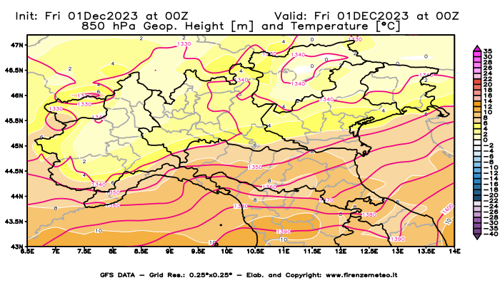 GFS analysi map - Geopotential and Temperature at 850 hPa in Northern Italy
									on December 1, 2023 H00