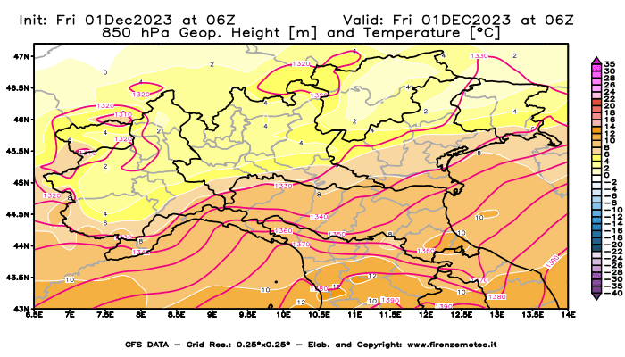 GFS analysi map - Geopotential and Temperature at 850 hPa in Northern Italy
									on December 1, 2023 H06