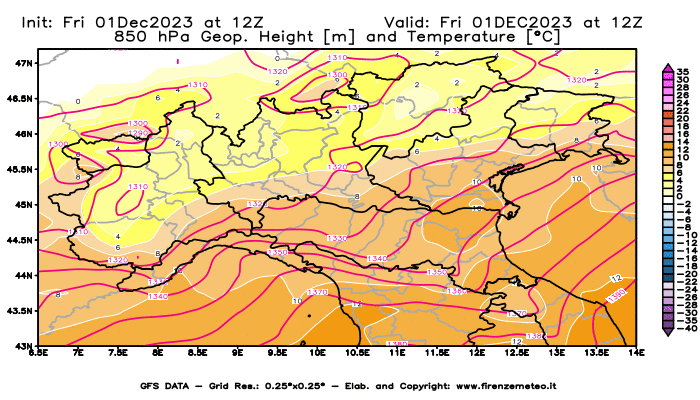 GFS analysi map - Geopotential and Temperature at 850 hPa in Northern Italy
									on December 1, 2023 H12