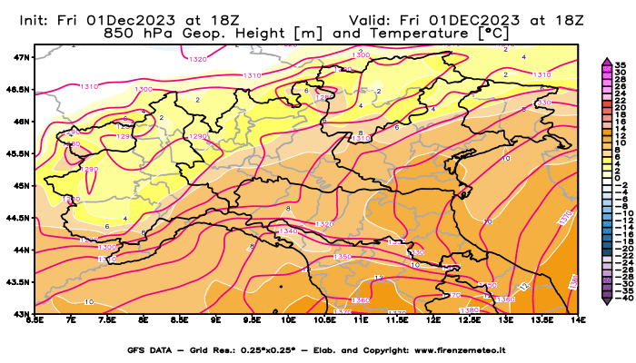 GFS analysi map - Geopotential and Temperature at 850 hPa in Northern Italy
									on December 1, 2023 H18
