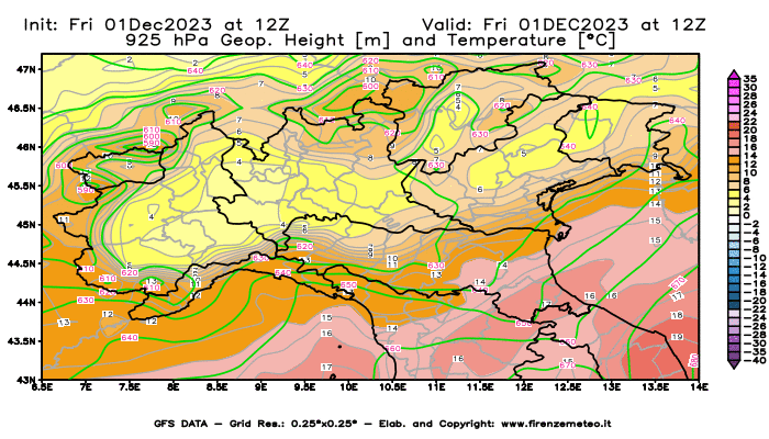 GFS analysi map - Geopotential and Temperature at 925 hPa in Northern Italy
									on December 1, 2023 H12