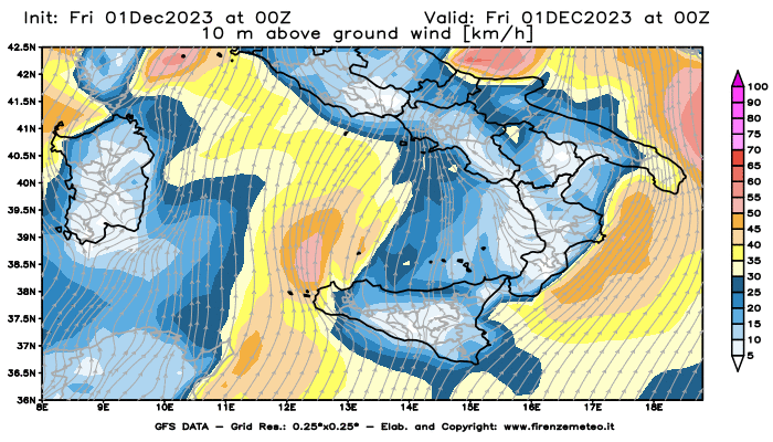 Mappa di analisi GFS - Velocità del vento a 10 metri dal suolo in Sud-Italia
							del 1 dicembre 2023 z00