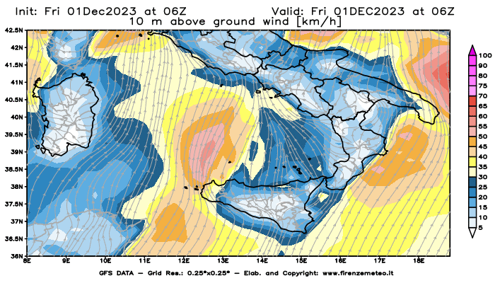 Mappa di analisi GFS - Velocità del vento a 10 metri dal suolo in Sud-Italia
							del 1 dicembre 2023 z06