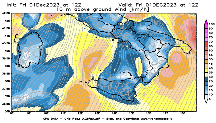 Mappa di analisi GFS - Velocità del vento a 10 metri dal suolo in Sud-Italia
							del 1 dicembre 2023 z12