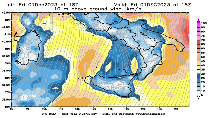 Mappa di analisi GFS - Velocità del vento a 10 metri dal suolo in Sud-Italia
							del 1 dicembre 2023 z18