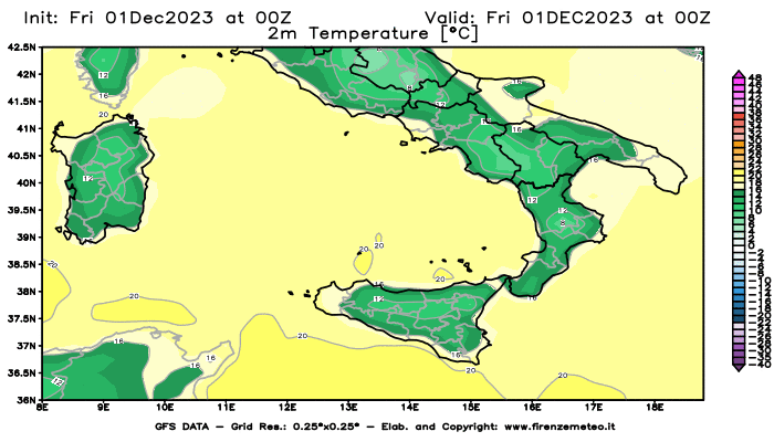 GFS analysi map - Temperature at 2 m above ground in Southern Italy
									on December 1, 2023 H00