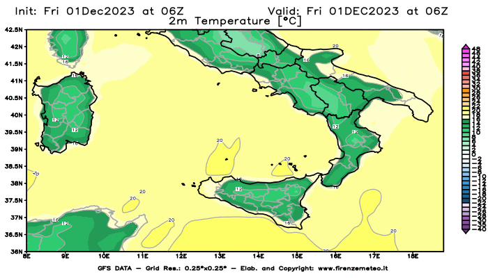 GFS analysi map - Temperature at 2 m above ground in Southern Italy
									on December 1, 2023 H06