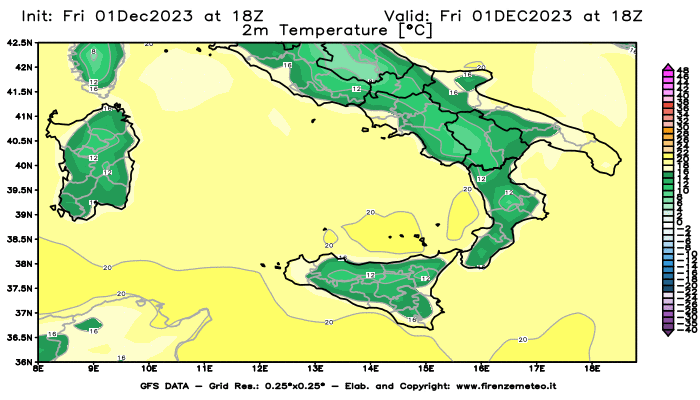 Mappa di analisi GFS - Temperatura a 2 metri dal suolo in Sud-Italia
							del 1 dicembre 2023 z18