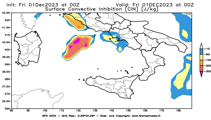 GFS analysi map - CIN in Southern Italy
									on December 1, 2023 H00