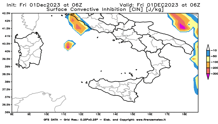 Mappa di analisi GFS - CIN in Sud-Italia
							del 1 dicembre 2023 z06