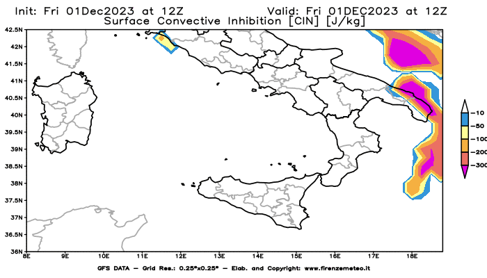 GFS analysi map - CIN in Southern Italy
									on December 1, 2023 H12