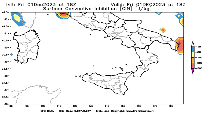Mappa di analisi GFS - CIN in Sud-Italia
							del 1 dicembre 2023 z18
