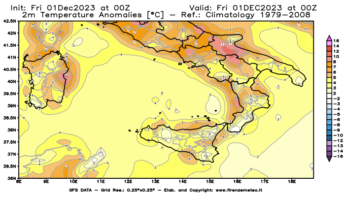 Mappa di analisi GFS - Anomalia Temperatura a 2 m in Sud-Italia
							del 1 dicembre 2023 z00