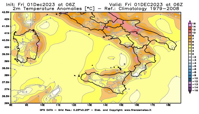 Mappa di analisi GFS - Anomalia Temperatura a 2 m in Sud-Italia
							del 1 dicembre 2023 z06