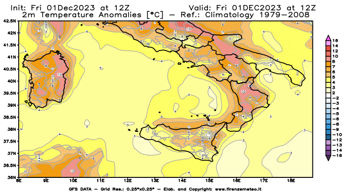 Mappa di analisi GFS - Anomalia Temperatura a 2 m in Sud-Italia
							del 1 dicembre 2023 z12