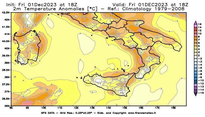 Mappa di analisi GFS - Anomalia Temperatura a 2 m in Sud-Italia
							del 1 dicembre 2023 z18