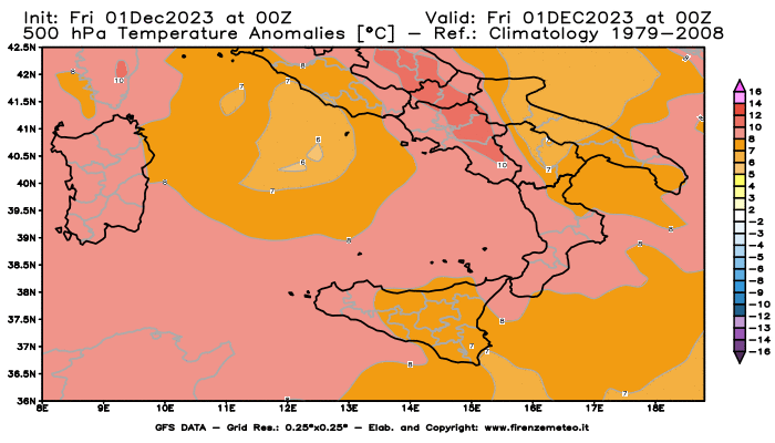 GFS analysi map - Temperature Anomalies at 500 hPa in Southern Italy
									on December 1, 2023 H00
