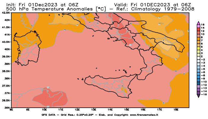 GFS analysi map - Temperature Anomalies at 500 hPa in Southern Italy
									on December 1, 2023 H06