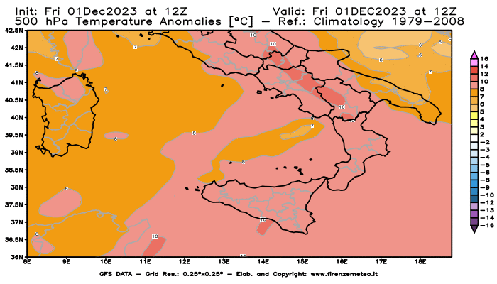 GFS analysi map - Temperature Anomalies at 500 hPa in Southern Italy
									on December 1, 2023 H12