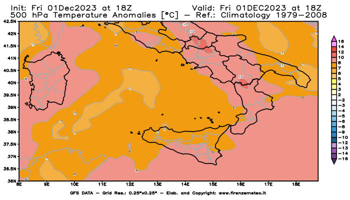 Mappa di analisi GFS - Anomalia Temperatura a 500 hPa in Sud-Italia
							del 1 dicembre 2023 z18