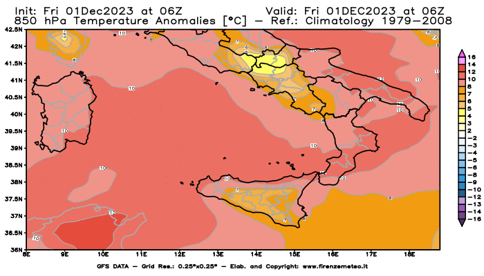 Mappa di analisi GFS - Anomalia Temperatura a 850 hPa in Sud-Italia
							del 1 dicembre 2023 z06