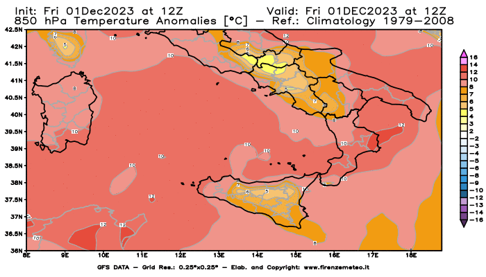 GFS analysi map - Temperature Anomalies at 850 hPa in Southern Italy
									on December 1, 2023 H12