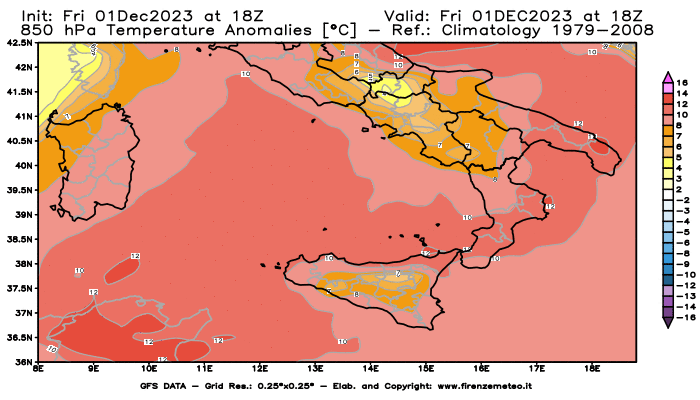 Mappa di analisi GFS - Anomalia Temperatura a 850 hPa in Sud-Italia
							del 1 dicembre 2023 z18