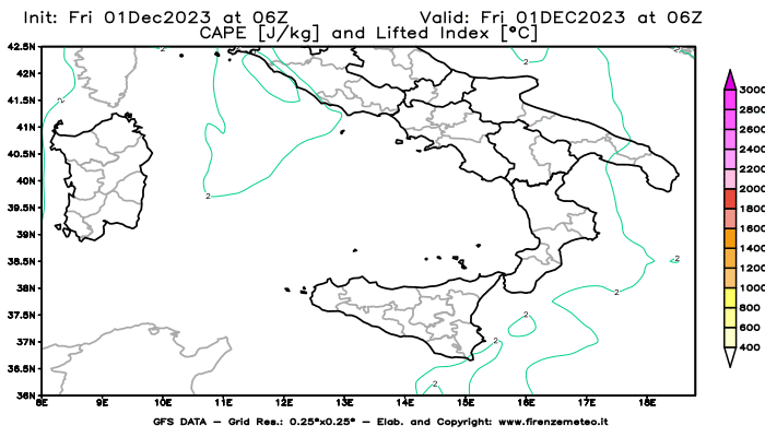 GFS analysi map - CAPE and Lifted Index in Southern Italy
									on December 1, 2023 H06