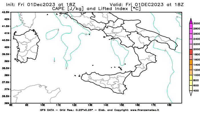 GFS analysi map - CAPE and Lifted Index in Southern Italy
									on December 1, 2023 H18