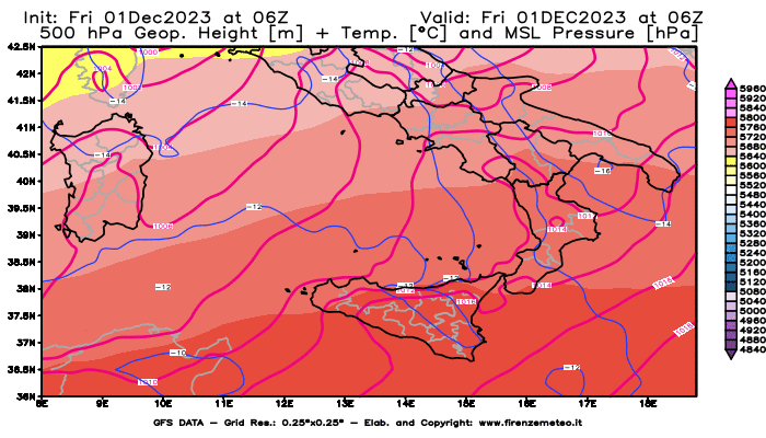 GFS analysi map - Geopotential + Temp. at 500 hPa + Sea Level Pressure in Southern Italy
									on December 1, 2023 H06