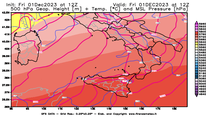GFS analysi map - Geopotential + Temp. at 500 hPa + Sea Level Pressure in Southern Italy
									on December 1, 2023 H12