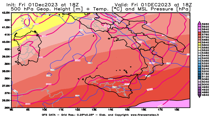 GFS analysi map - Geopotential + Temp. at 500 hPa + Sea Level Pressure in Southern Italy
									on December 1, 2023 H18