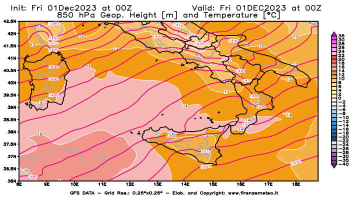 GFS analysi map - Geopotential and Temperature at 850 hPa in Southern Italy
									on December 1, 2023 H00