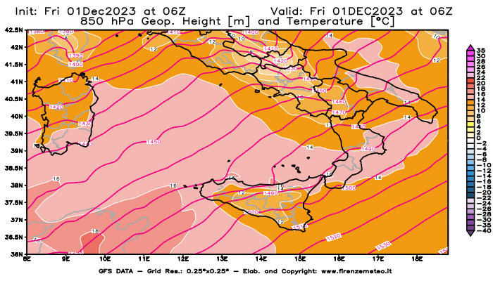 GFS analysi map - Geopotential and Temperature at 850 hPa in Southern Italy
									on December 1, 2023 H06