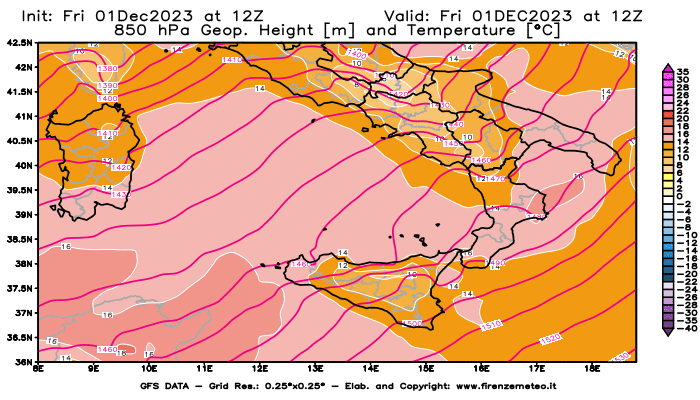 GFS analysi map - Geopotential and Temperature at 850 hPa in Southern Italy
									on December 1, 2023 H12