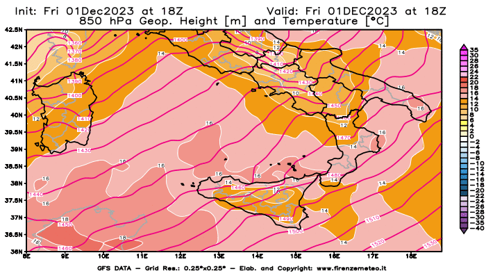 GFS analysi map - Geopotential and Temperature at 850 hPa in Southern Italy
									on December 1, 2023 H18