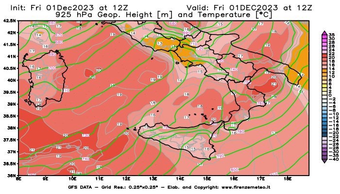 GFS analysi map - Geopotential and Temperature at 925 hPa in Southern Italy
									on December 1, 2023 H12