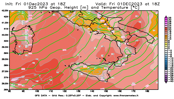 GFS analysi map - Geopotential and Temperature at 925 hPa in Southern Italy
									on December 1, 2023 H18