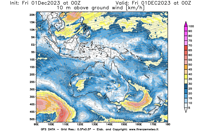 Mappa di analisi GFS - Velocità del vento a 10 metri dal suolo in Oceania
							del 1 dicembre 2023 z00