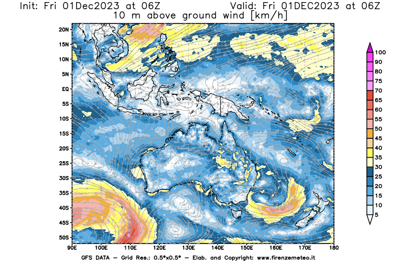 Mappa di analisi GFS - Velocità del vento a 10 metri dal suolo in Oceania
							del 1 dicembre 2023 z06