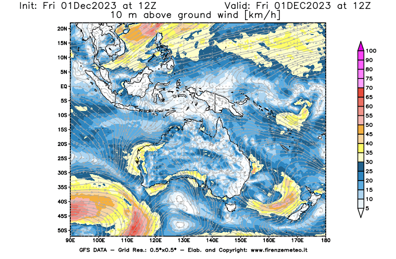 Mappa di analisi GFS - Velocità del vento a 10 metri dal suolo in Oceania
							del 1 dicembre 2023 z12