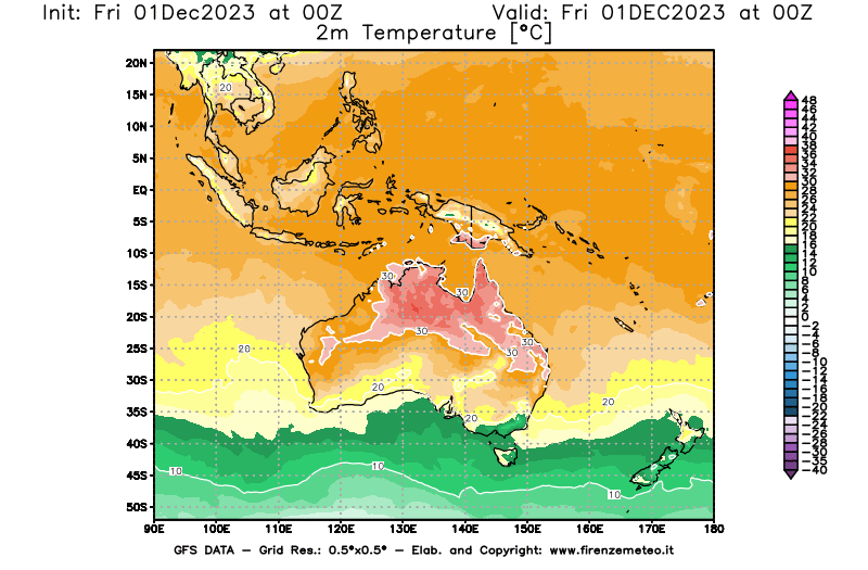 Mappa di analisi GFS - Temperatura a 2 metri dal suolo in Oceania
							del 1 dicembre 2023 z00