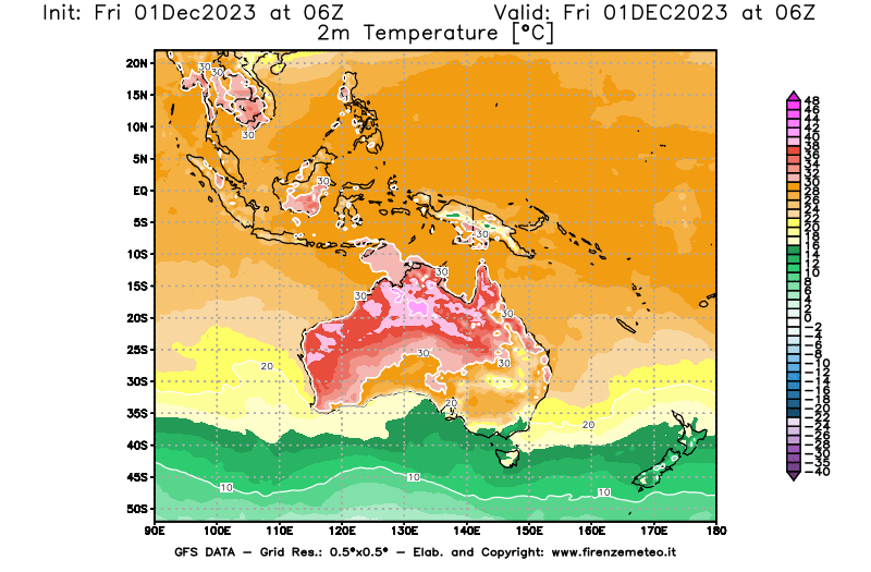 Mappa di analisi GFS - Temperatura a 2 metri dal suolo in Oceania
							del 1 dicembre 2023 z06