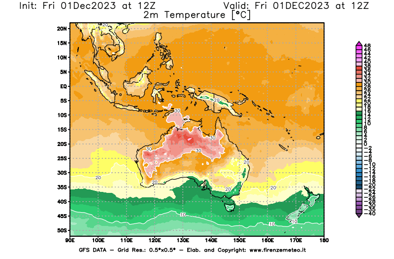 Mappa di analisi GFS - Temperatura a 2 metri dal suolo in Oceania
							del 1 dicembre 2023 z12