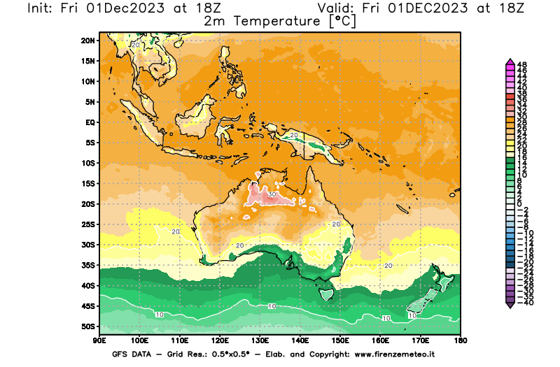 Mappa di analisi GFS - Temperatura a 2 metri dal suolo in Oceania
							del 1 dicembre 2023 z18