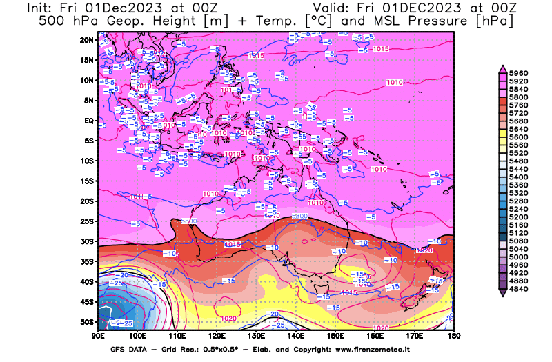 GFS analysi map - Geopotential + Temp. at 500 hPa + Sea Level Pressure in Oceania
									on December 1, 2023 H00