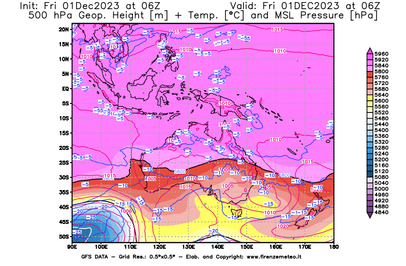 GFS analysi map - Geopotential + Temp. at 500 hPa + Sea Level Pressure in Oceania
									on December 1, 2023 H06