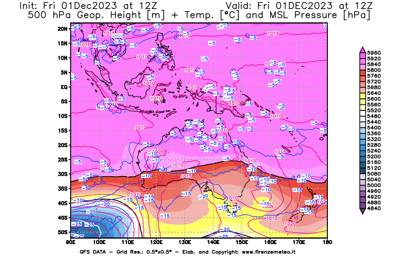 Mappa di analisi GFS - Geopotenziale + Temp. a 500 hPa + Press. a livello del mare in Oceania
							del 1 dicembre 2023 z12