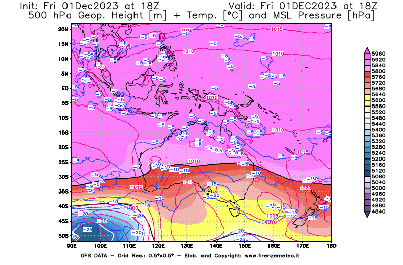 GFS analysi map - Geopotential + Temp. at 500 hPa + Sea Level Pressure in Oceania
									on December 1, 2023 H18